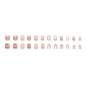 24pcs Peach pink press-on nails with red bow designs and silver glitter french tips