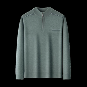 Detail of teal men's half-zip knit sweater showing ribbed collar and shoulder texture
