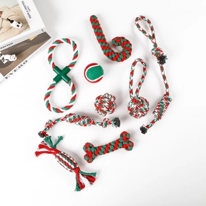 Eight-piece Christmas dog toy set with red and green cotton rope knots and shapes