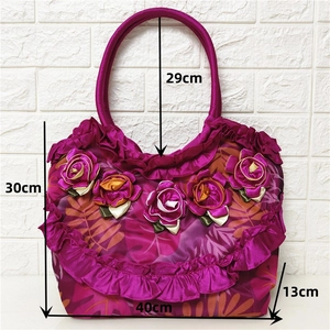 Detailed size chart for large purple silk tote bag with 3D ribbon flowers and ruffles