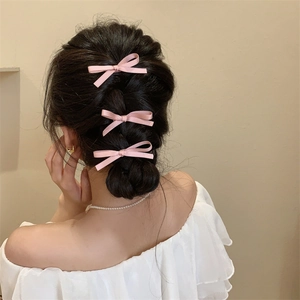 Detailopname van roze strik haarclips gestyled in een donkere vlecht bij een model