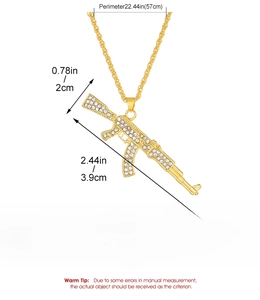Detailed size chart of a gold AK47 pendant necklace with rhinestones and twist chain