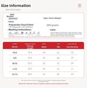 Tableau des tailles détaillé pour shorts de yoga avec mesures de taille et de hanches