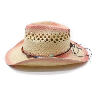 Handwoven straw western cowboy hat with pink gradient brim and ethnic beaded band