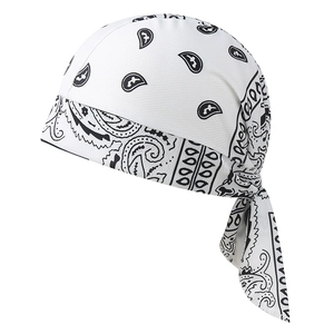 Detail of white paisley durag featuring breathable fabric and long straps for outdoor sports