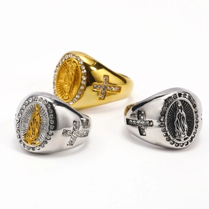 Retro men's titanium steel ring with Virgin Mary portrait and cross rhinestone inlay