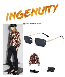Fashion collage of yellow rimless sunglasses with leopard print jacket and black leather cap