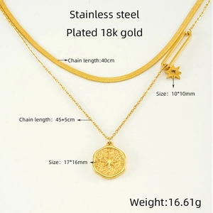 Double-layered 18K gold plated stainless steel necklace with starburst and disk pendants