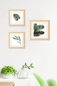 Three-piece set of square light wood frames featuring minimalist tropical leaf artwork