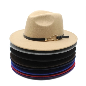 Selection of wide brim wool fedora hats in various colors with metallic buckle