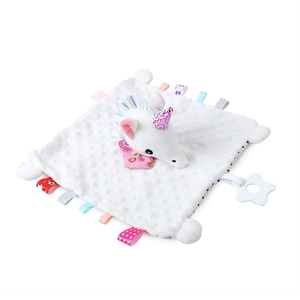 Unicorn baby security blanket with soft minky fabric and colorful tags for teething toys