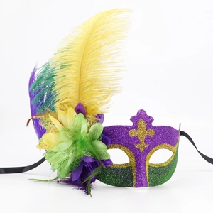 Mardi Gras Masquerade Mask And Feather Headpiece With Fabric Flowers Sequin Glitter Half Face Eyemask For Party Carnival