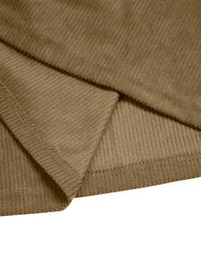 Detailed macro view of brown corduroy fabric texture and professional overlock stitching