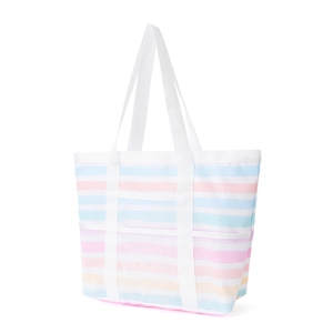 Große Strandtasche mit Pastellstreifen und funktionalen weißen Netztaschen für Outdoor