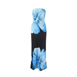 Detail of elegant black off-shoulder maxi dress featuring large blue floral print design