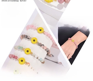 Detailed views of sunflower natural stone beaded bracelets with different gemstone colors