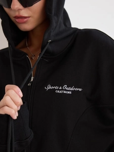 Women's black zip-up hoodie featuring Sports & Outdoors embroidery and metal zipper