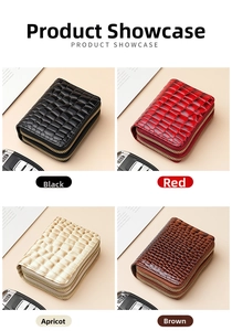 Detail of four-color glossy crocodile texture leather card wallets with double zippers