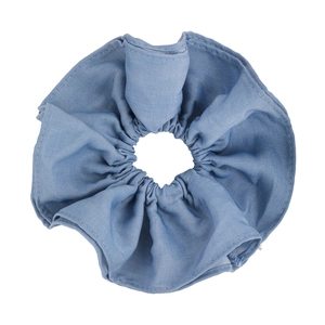 Denim blue double-layer cotton linen scrunchie with pleated texture for hairstyles