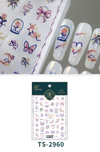Detailed view of TS-2960 nail art stickers with colorful rainbow and floral line designs