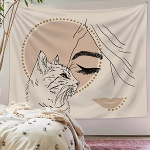 Minimalist wall tapestry with female outline and cat art in warm beige bedroom setting