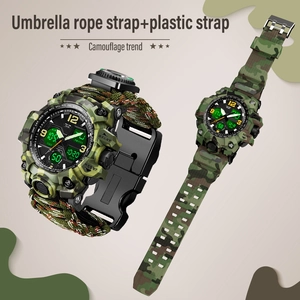 Dual display tactical watch with camouflage pattern and interchangeable paracord strap