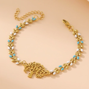 Golden Tree of Life leaf link bracelet with light blue and white enamel accents