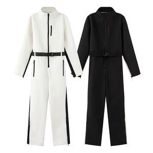 Women's long sleeve stand collar one-piece ski suit in white and black waterproof fabric