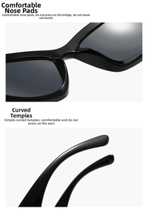 Detail of comfortable nose pads and curved temples on black Y2K futuristic sunglasses