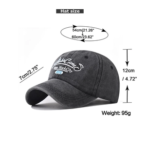 Detailed size specifications for washed dark gray New York City baseball cap