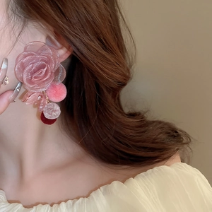 Elegant floral drop earrings with pink lace roses and plush pompoms for autumn and winter