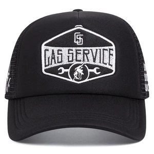 Black trucker hat with GAS SERVICE embroidery and breathable mesh back on white background