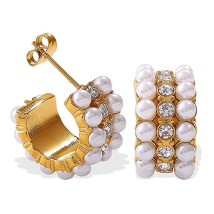 Vintage gold plated C-shaped earrings with rows of white pearls and sparkling crystals