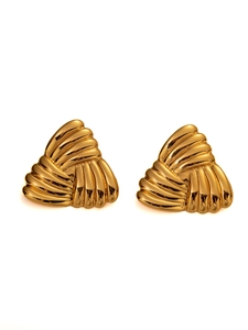 Detailed view of golden triangular earrings with ribbed texture and polished metallic finish
