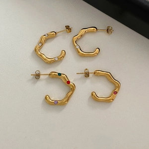 Stainless Steel C-Shape Irregular Wave Hoop Earrings With Rhinestones Gold Plated Minimalist Style For Women