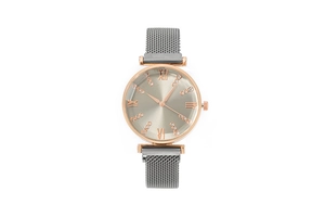 Detail of rose gold watch with crystal Roman dial and silver mesh Milanese strap