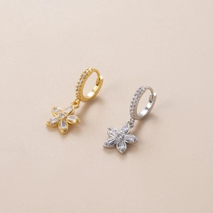 Pair of gold and silver flower zircon drop earrings with sparkling crystal accents