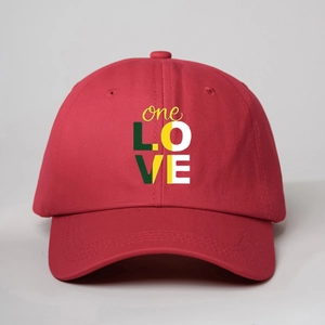 Classic red cotton baseball cap featuring colorful one LOVE embroidery on front