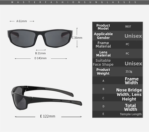 Detailed size chart for sports cycling sunglasses with frame and temple dimensions
