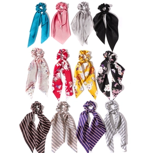Satin fabric scrunchies with streamers in floral, stripe, and solid colors set of twelve