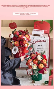 Detailed Christmas flower bucket featuring red apples, roses, and gold foil decorations