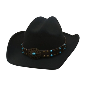 Western Cowboy Hat Polyester Felt Wide Brim With Turquoise Sunflower Leather Band Retro Bohemian Style