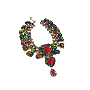 Statement necklace with multicolored rhinestone crystals in square heart and teardrop shapes