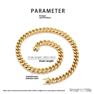 Detailed top view of a 13mm gold Cuban link chain necklace made of stainless steel