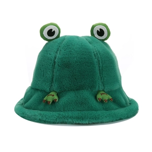 Cute Frog Plush Bucket Hat Warm Winter Faux Fur Cartoon Animal Outdoor Cold Weather Fisherman Cap For Women Girls