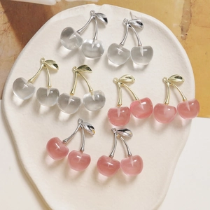 Realistic cherry pendants in pink and clear colors with gold and silver stems for DIY jewelry