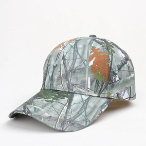 Close-up of camouflage baseball cap with forest patterns and orange oak leaf details