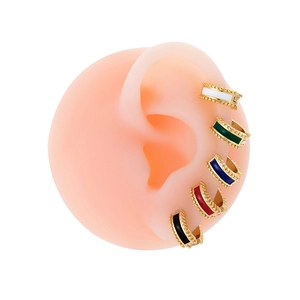 Golden cartilage hoop earrings with colorful enamel inlay shown on ear model
