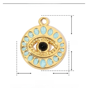 Detail view of a 15mm gold evil eye pendant showing stainless steel and blue enamel
