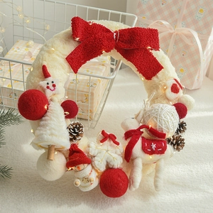 Creamy wool felt Christmas wreath with snowman reindeer and glowing LED lights